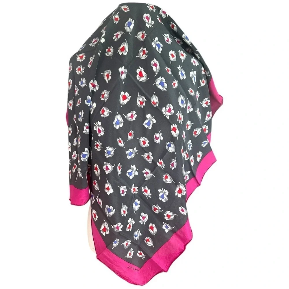 GIVENCHY 100% Silk Gorgeous Black Floral and Hot Pink Border 29” Scarf